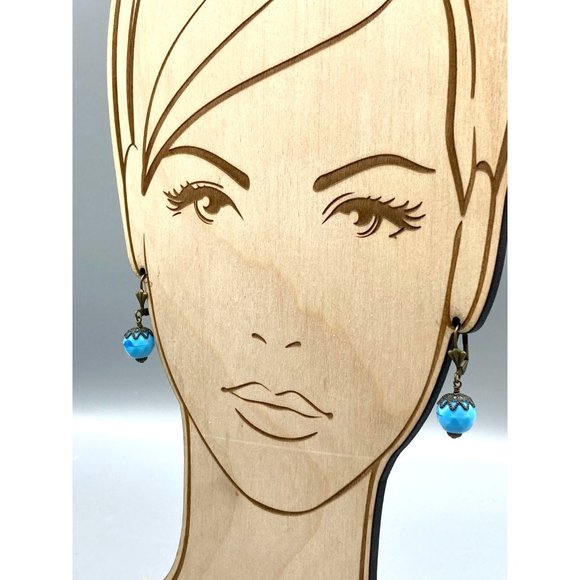 Bright Blue Bead Dangle Earrings, Vintage Bronzed Clip Ons with Art Glass - Picture 4 of 5
